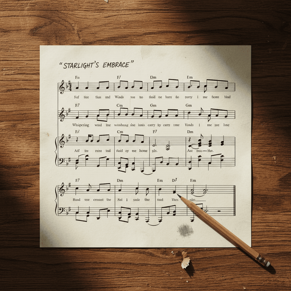 Letra de canción escrita a mano sobre papel con lápiz
