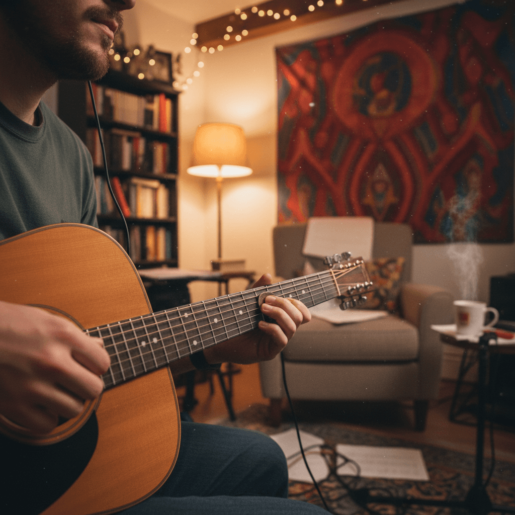 Músico tocando guitarra acústica en estudio hogareño