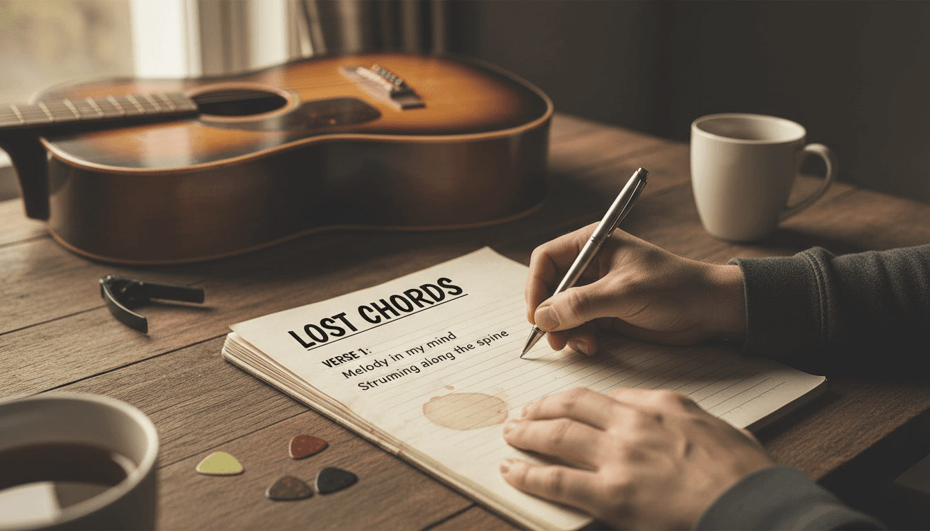 manos escribiendo letra de canción sobre una hoja de papel junto a una guitarra acústica