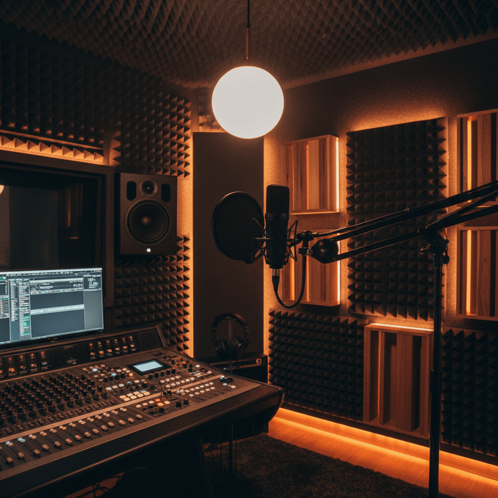 Estudio de grabación con micrófono profesional y paneles acústicos